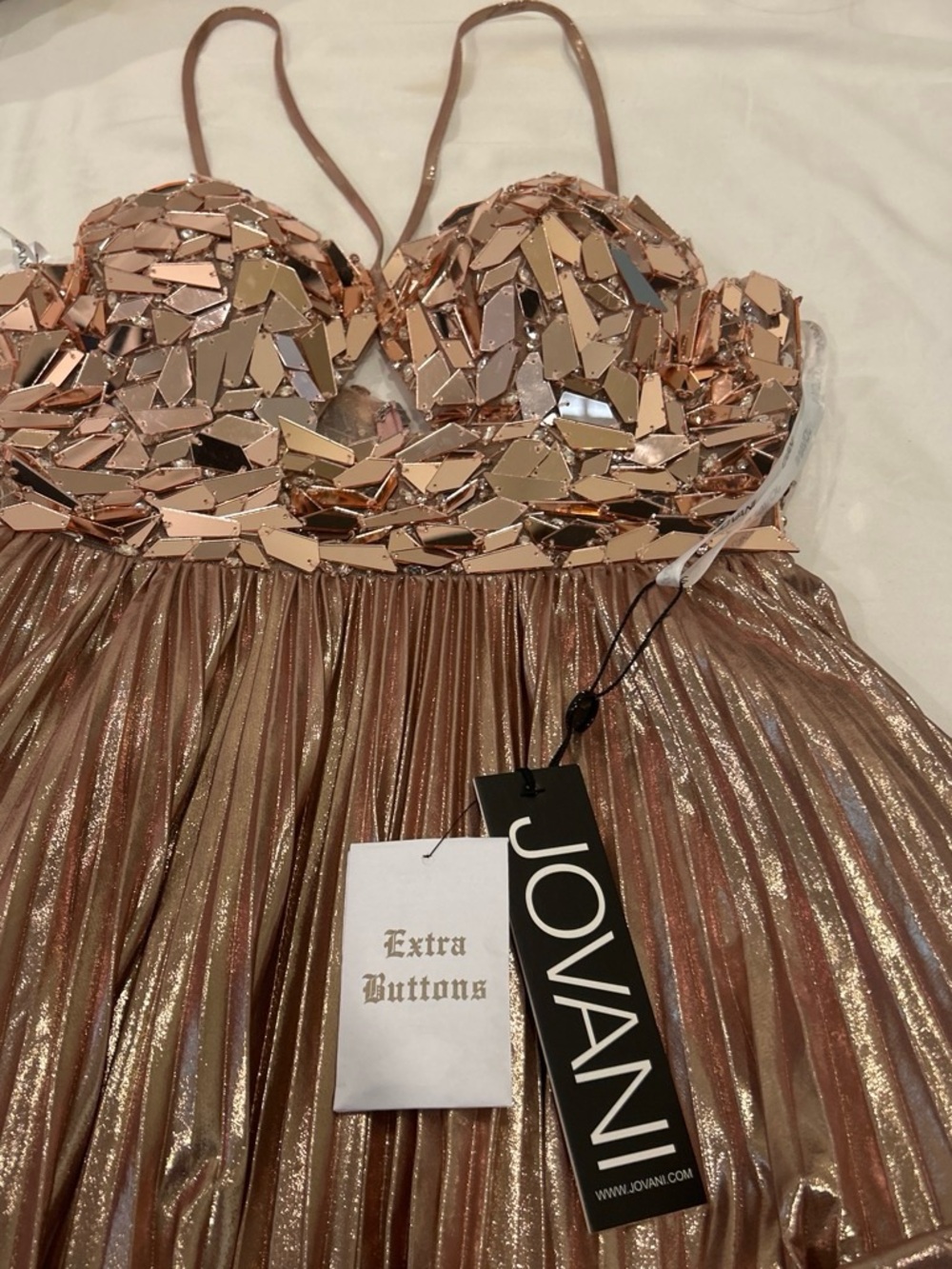 Jovani Rose Gold Sequin Mirror Bodice Metallic Pleated Party Dress